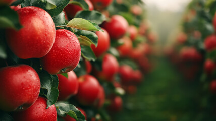 A picturesque orchard with trees heavy with ripe apples, showcasing the fruitful beauty of harvest season 