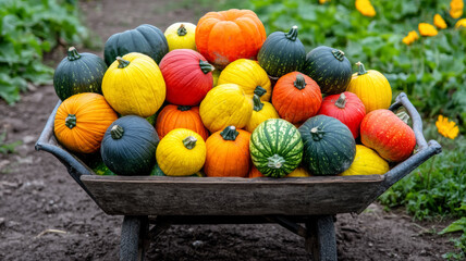 Canvas Print - A rustic wheelbarrow filled with colorful squash, epitomizing the diverse produce of harvest season 