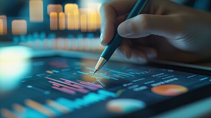Poster - A close-up of a hand drawing a financial graph with a pen on a tablet, with a background of financial reports and charts.