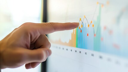 Poster - A close-up of a hand pointing at a business graph on a whiteboard, emphasizing the analysis of key performance indicators and growth trends.