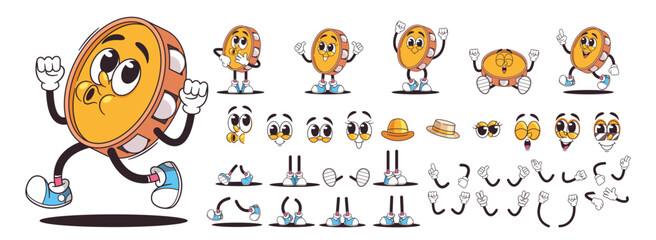 retro cartoon tambourine character with various emotional expressions and different poses. funny and