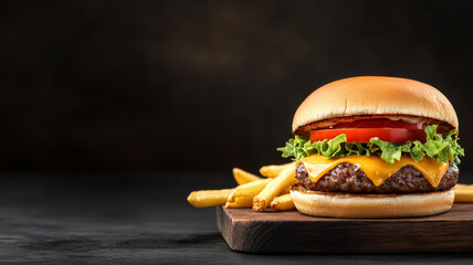 Classic cheeseburger with fries, juicy patty, melted cheese, lettuce, and tomato, placed on a rustic wooden board with empty space on the right for text, dark gradient background 