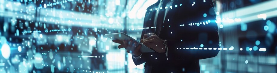 Leinwandbilder - A business professional in a suit uses a digital tablet surrounded by glowing blue lights, symbolizing technology, data, and modern business innovation in a futuristic office setting.