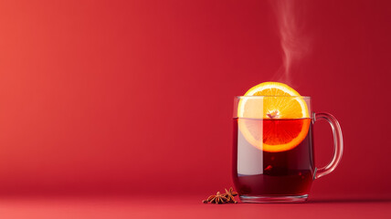 Wall Mural - Cozy mulled wine with red wine, cloves, and orange slices, steam rising from the glass mug, warm autumn hues on a gradient background transitioning from deep burgundy to golden amber 