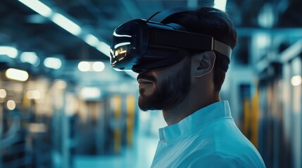 Poster - High-tech manufacturing engineer immersed in virtual reality, optimizing operations in a cutting-edge facility.