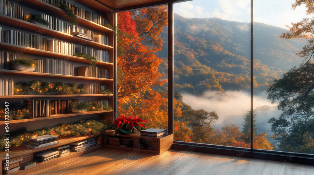 Christmas bookshelf background of interior home library study virtual ...