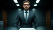© fotogurmespb - Focused federal agent in a minimalistic conference room unmarked walls harsh overhead lighting single folder on the table conveying routine but critical business