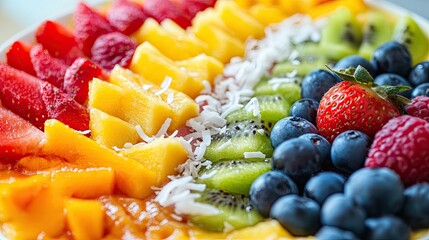 A close-up of a tropical smoothie bowl, with blended fruits, coconut flakes, and a colorful array of fresh fruits on top.