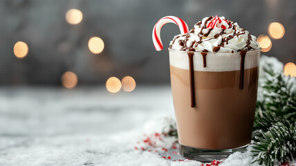 Wall Mural - Frosty peppermint mocha with candy cane garnish, whipped cream, and chocolate drizzle, placed on a snowy table with frosted evergreen branches and soft winter bokeh in the background 