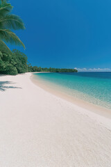 a pristine beach featuring turquoise water, soft white sand, lush greenery in the background, and a 