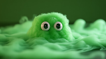 lovable little gas blob with big, twinkling eyes soft green haze around it emitting a stinky cloud g
