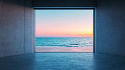 Modern minimalist room with a glass door opening to a calm beach sunset sky turning shades of pink and orange waves gently lapping at the shore 