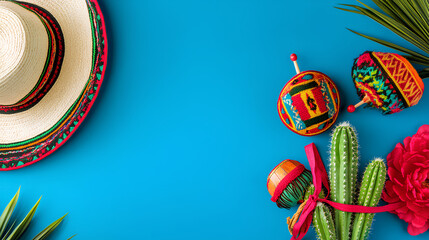 Mexican party concept with cactus, maracas and sombrero hat