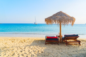 Wall Mural - summer beach with sunbeds, Mykonos island, Greece