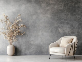 Poster - Japandi minimalist living room with accent chair and grey wall