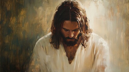 Jesus Christ serene portrait with a soft ethereal glow, compassionate expression, and muted tones. Subtle backlighting and gentle brushstrokes create a peaceful, spiritual aura.