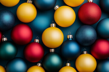 Canvas Print - Traditional Christmas and New Year toys and ornaments in deep blue, vibrant red, pale yellow, and seafoam green hues 