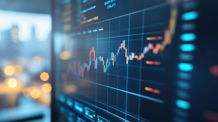 Poster - A detailed financial graph with multiple indicators, displayed on a computer screen with a blurred office background.