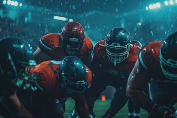 Poster - A group of football players standing on top of a grassy field, ready to play