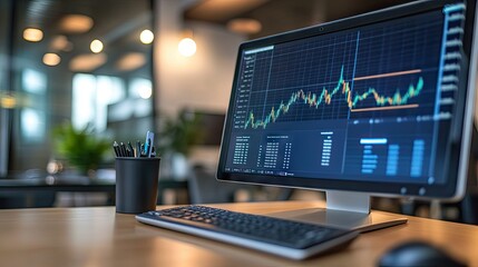 Poster - A detailed financial graph with multiple indicators, displayed on a computer screen with a blurred office background.