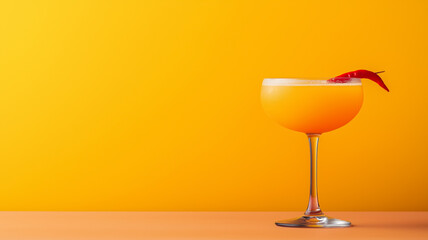 Poster - Vibrant cocktail with passionfruit, chili-infused tequila, and honey, served in a sleek glass with a red chili garnish, striking colors on a gradient background from fiery red to golden yellow 