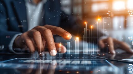 Poster - A businessman is using a digital tablet to analyze financial data with a futuristic interface. This signifies business, finance, tech, data analysis, and investment in a cuttingedge way