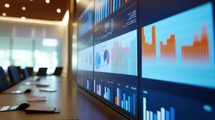 Poster - A detailed shot of a business graph with various data points and indicators, displayed on a large screen during a boardroom presentation.