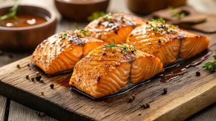 Wall Mural - Grilled salmon fillets garnished with herbs on a wooden board in a rustic kitchen setting