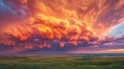 Canvas Print - A dramatic sky with towering orange and pink storm clouds over the Great Plains, creating an otherworldly atmosphere