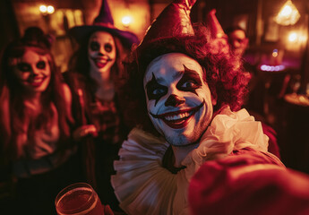 Wall Mural - a group Halloween party, with clowns and harlequins taking a selfie together in a nightclub interior