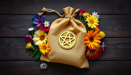 magic witch's bag with pentacle amulet and colorful flowers on wooden background. esoteric concept. Floral magic, witchcraft, occult wiccan ritual. top view isolated with white highlights, png