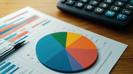 Poster - A detailed shot of a printed pie chart on a desk, with vibrant segments representing different data categories and a calculator beside it.