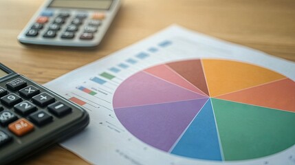 Poster - A detailed shot of a printed pie chart on a desk, with vibrant segments representing different data categories and a calculator beside it.