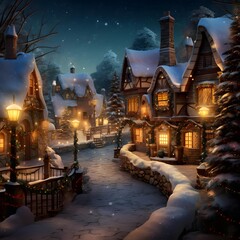 Wall Mural - Winter night in the village. Illustration of a winter village.