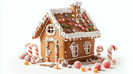 A decorative gingerbread house with colorful candies and a snowy appearance.