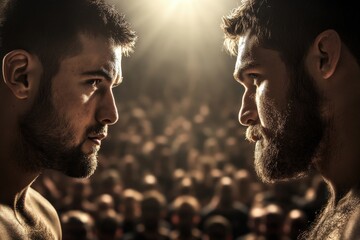 Two serious competitors face each other intensely, under the spotlight in a crowded arena, embodying rivalry, determination, and preparation before a major contest or event.