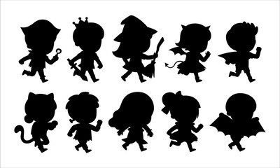 Silhouette of Children dressed in Halloween costumes to go Trick or Treating. Cute kids in Witch, prince, pirate, mermaid, Hero, Devil , cat and spooky pumpkin. Characters in spooky holiday.