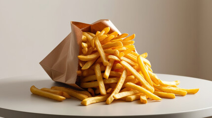 Crispy French fries in a craft bag, appetizing fast food on a table in a cafe in a minimalist style