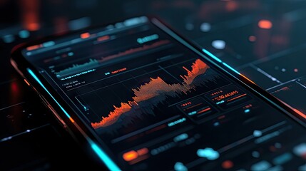 Poster - A detailed view of a business graph on a smartphone screen, showcasing market fluctuations and financial data in a compact format.