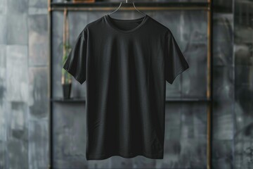 Sticker - A single black t-shirt hanging from a clothes rack, great for fashion and apparel images