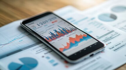 Poster - A detailed view of a business graph on a smartphone screen, showcasing market fluctuations and financial data in a compact format.