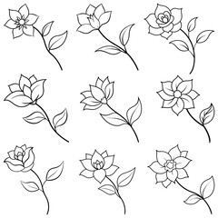 Poster - Flower icon. Set of drawn flowers with leaves. Linear flowers. Vector illustration