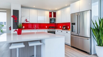 Wall Mural - A contemporary kitchen with stainless steel appliances and white cabinets, accented by a vibrant red backsplash and bar stools