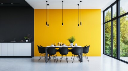 Wall Mural - A minimalist dining room with a black and white color scheme, featuring a bold yellow accent wall and matching table decor