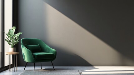 Wall Mural - A minimalist living room with a neutral gray color scheme, featuring a bold emerald green accent chair and matching cushions