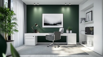 Wall Mural - A sleek home office with clean white walls and furniture, accented by a deep green feature wall and matching desk accessories