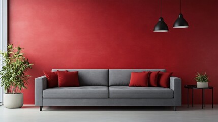 Wall Mural - A sleek, minimalist living room with a neutral color palette, featuring a bold red accent wall and matching red throw pillows on a gray sofa