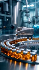 Poster - In pharmaceutical manufacturing, a gloved hand ensures precision and safety when handling vials on the production line, emphasizing hygiene and quality control standards for a sterile environment