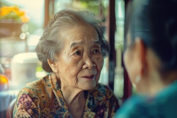 Wall Mural - Two women sitting at a table, engaged in discussion