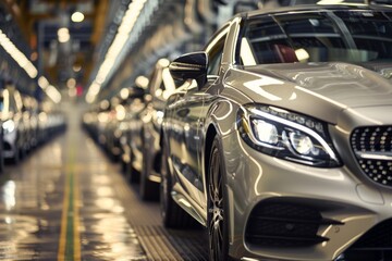 Poster - The use of advanced technologies in a contemporary automobile factory illustrates the precision and effectiveness in manufacturing, displaying the efficient process of car assembly lines